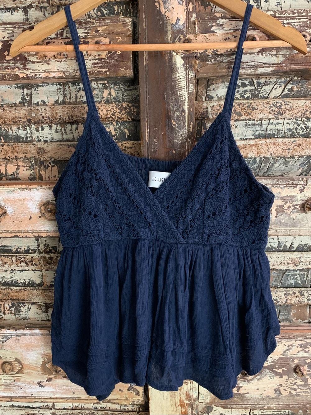 Hollister Crochet Navy Blue Lace Babydoll Summer Top Blouse, Crochet Lace EUC, L
